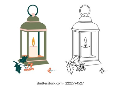 Antique green lamp with a lit candle and holly berries. Black outline illustration for coloring. Set of isolated night lamps. Vector.