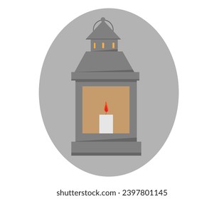 antique grey lantern with a candle on a white background