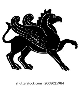 Antique griffin. Fantastic mythological animal. Black and white negative silhouette. Winged lion or horse with eagle's beak.