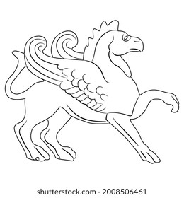 Antique griffin. Fantastic mythological animal. Black and white linear silhouette. Winged lion or horse with eagle's beak.