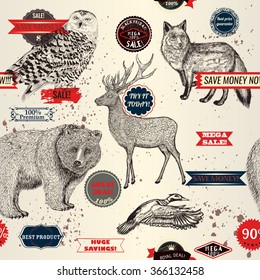 Antique grunge seamless background with stickers labels and hand drawn animas