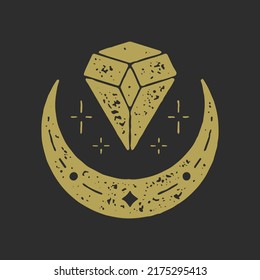 Antique half moon and gem crystal spiritual elegant amulet golden grunge texture decorative design vector illustration. Hand drawn minimalist diamond glow crescent symbol of power and richness