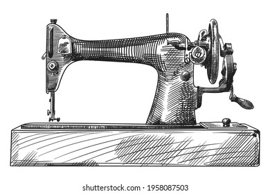 Antique hand sewing machine on a wooden base. A quick simple pencil sketch.