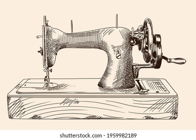 Antique hand sewing machine on a wooden base. A quick simple pencil sketch.