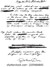 Escrito a mano antigua, nota a mano o entrada de diario en escritura cursiva, ilegible, confusa, con zonas tachadas, o partes garabateadas y censuradas. Firmado por John Doe. Sin inconveniente.