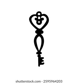 Antique hand-drawn key design. Vintage lock icon. Isolated black key silhouette 