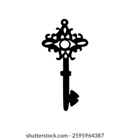 Antique hand-drawn key design. Vintage lock icon. Isolated black key silhouette 