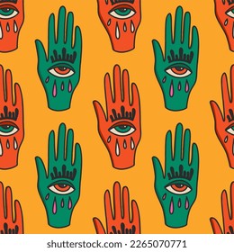 Antique hands with an all-seeing eye. Psychedelic seamless pattern. Hand drawn illustration with hand drawn mystical and occult symbols. The concept of palmistry. Vector illustration.