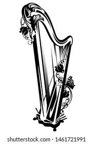 antique harp among rose flowers - classical musical instrument black and white vector design