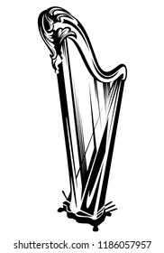 antique harp musical instrument - classical music black and white vector symbol