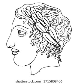 Antique head in profile. Ancient Greek male hero in laurel wreath. God Apollo portrait. Hand drawn linear sketch. Black silhouette on white background.