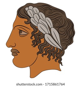 Antique head in profile. Ancient Greek male hero in laurel wreath. God Apollo portrait. Vase painting style.