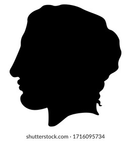 Antique head in profile. Human hand in profile. Antique male hero. Black silhouette on white background.