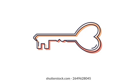 Antique heart shaped skeleton key symbolizing love access opportunity security and mystery illustrated with a vintage outline and soft shadow effect