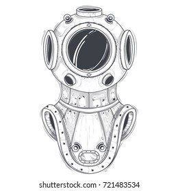 Antique heavy brass or copper diving helmet line art vector illustration isolated on white background. Vintage scuba suit part, industrial diver equipment for deep-sea diving, underwater rescue works