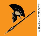 Antique helmet with spear. Vector illustration isolated on orange background for design of your illustrations and scenes in antique style