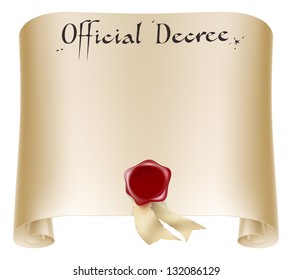 Antique historical paper certificate scroll document or decree with red wax seal.
