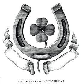 Antique of Horseshoe and clover leaf with ribbon hand draw illustration vintage engraving style isolated on white background