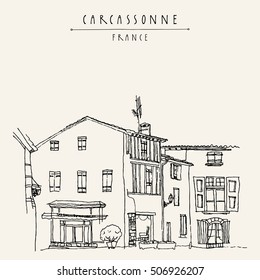 Antique houses in Carcassonne, France, Europe. Cozy European town near the famous castle. Hand drawing in retro style. Travel sketch. Vintage touristic postcard, poster or book illustration in vector