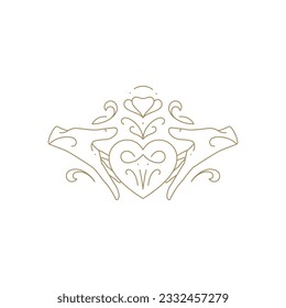 Antique human hands holding elegant heart shape with spring blossom flower monochrome line icon vector illustration. Romantic arms with decorative wedding symbol of enamored love tenderness