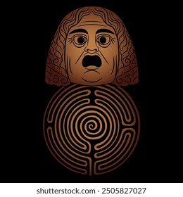 Antique human head and a round spiral maze or labyrinth symbol. Ancient Roman tragic theater mask.  Creative concept.