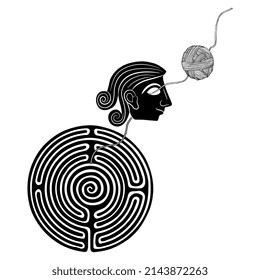 Antique human mask, round spiral maze or labyrinth symbol and a yarn ball. Creative concept. Theseus and Ariadne thread. Black and white silhouette.