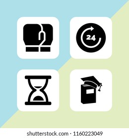 antique icon. 4 antique set with boxing gloves, book and clock vector icons for web and mobile app