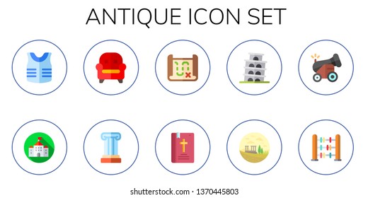 antique icon set. 10 flat antique icons.  Collection Of - armor, castle, armchair, column, treasure map, bible, pisa, ruins, cannon, abacus