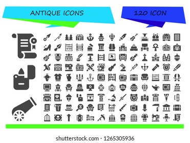  antique icon set. 120 filled antique icons. Simple modern icons about  - Certificate, Cannon, Lighter, Kunai, Lance, Castle, Chest, Anchor, Statue, Lantern, Dagger, Violin, Phonograph