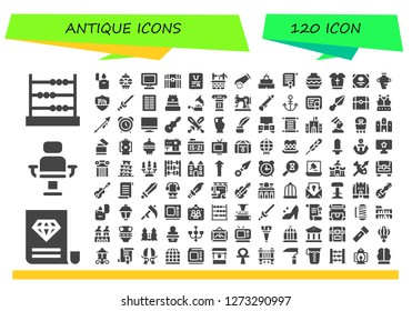  antique icon set. 120 filled antique icons. Simple modern icons about  - Abacus, Certificate, Armchair, Lighter, Lantern, Tv, Chest, Water well, Cannon, Castle, Vase, Armour