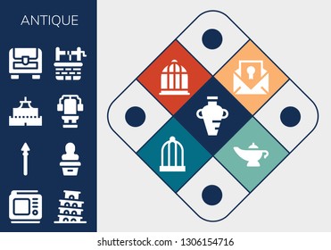 antique icon set. 13 filled antique icons.  Collection Of - Amphora, Tv, Pisa, Spear, Statue, Castle, Chest, Water well, Certificate, Bird cage, Magic lamp