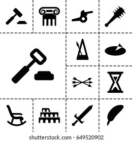 Antique icon. set of 13 filled antique icons such as coliseum, greek column, metronome, hourglass, sundial, sword, arrow bow, cannon, feather, auction hammer