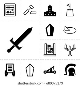 Antique icon. set of 13 filled and outline antique icons such as castle, holding document, knight, sword, catapult, abacus, candlestick, castle tower, sundial