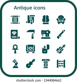 antique icon set. 16 filled antique icons.  Simple modern icons about  - Torah, Certificate, Armour, Armchair, Scythe, Sewing machine, Spear, Ankh, Chest, Lighter, Violin, Pharaoh