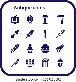 antique icon set. 16 filled antique icons. Included Tv, Lantern, Stool, Scythe, Kunai, Dagger, Spear, Feather pen, Sword, Statue, Vase, Cannon, Lance, Candlestick, Column icons