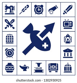 antique icon set. 17 filled antique icons.  Simple modern icons about  - Sewing machine, Swords, Bird cage, Spear, Alarm clock, Tv, Lantern, Museum, Vase, Feather pen, Magic lamp