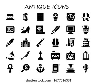 antique icon set. 30 filled antique icons. Included Top hat, Barber, Columns, Sarcophagus, Alarm clock, Sword, Certificate, Cinderella, Tv, Amphora, Dagger, Castle, Spear icons