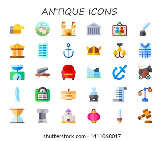 antique icon set. 30 flat antique icons.  Collection Of - decree, castle, ancient, picture frames, inkwell, museum, columns, anchor, viking helmet, chandelier, armor, balance