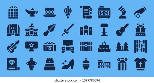 antique icon set. 32 filled antique icons. on blue background style Collection Of - Bird cage, Medieval, Violin, Certificate, Magic lamp, Castle, Tv, Amphora, Top hat, Kunai, Chest