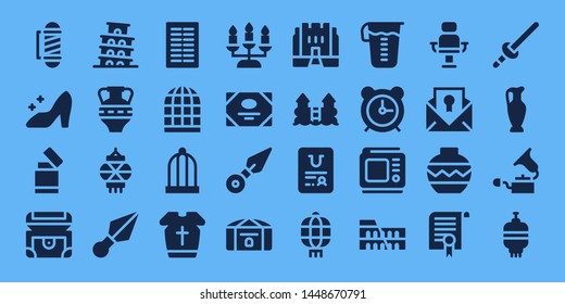 antique icon set. 32 filled antique icons. on blue background style Simple modern icons about  - Barber, Cinderella, Lighter, Chest, Pisa, Amphora, Lantern, Kunai, Columns, Bird cage