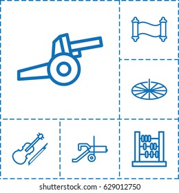 Antique icon. set of 6 antique outline icons such as violin, sundial, manuscript, cannon