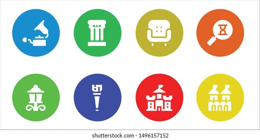 antique icon set. 8 filled antique icons.  Collection Of - Gramophone, Street lamp, Column, Wooden leg, Armchair, Castle, Sandclock, Fortress