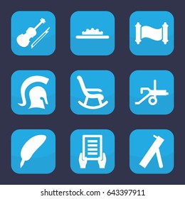 Antique icon. set of 9 filled antique icons such as holding document, violin, camera wheel, knight, manuscript, cannon, feather