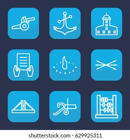 Antique icon. set of 9 outline antique icons such as chichen itza, castle, holding document, anchor, sundial, arrow bow, cannon