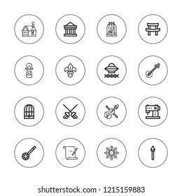 Antique icon set. collection of 16 outline antique icons with ancient aliens, banjo, bird cage, chest, ektara, katana, lis, lantern, parchment, parthenon, ship wheel icons.