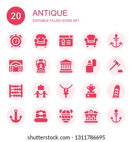 antique icon set. Collection of 20 filled antique icons included Alarm clock, Armchair, Certificate, Anchor, Treasure, Oil lamp, Museum, Lighter, Auction hammer, Abacus, Ankh