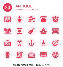 antique icon set. Collection of 20 filled antique icons included Chest, Sculpture, Faucet, Measuring glass, Alarm clock, Sewing machine, Sand clock, Violin, Oil lamp, Tv, Anchor