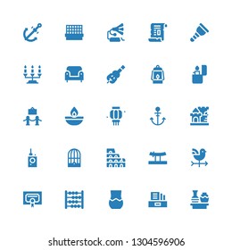 antique icon set. Collection of 25 filled antique icons included Vase, Literature, Abacus, Certificate, Vane, Katana, Colosseum, Bird cage, Bug detector, Castle, Anchor, Lantern