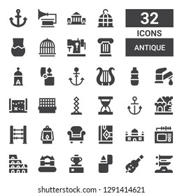 antique icon set. Collection of 32 filled antique icons included Katana, Violin, Lighter, Vase, Castle, Colosseum, Tv, Bible, Armchair, Lantern, Abacus, Anchor, Sand clock, Sculpture