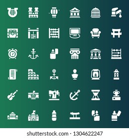 antique icon set. Collection of 36 filled antique icons included Lighter, Katana, Cologne, Castle, Parthenon, Vase, Sand clock, Anchor, Sewing machine, Museum, Violin, Lantern